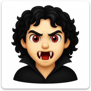 Create an image of a vampire boy with medium-length curly black hair and more prominent fangs in an emoji style. The style should resemble emoji aesthetics but use the general editing model for best results. sticker
