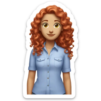 white girl with long red curly hair, wearing a pastel periwinkle shirt doing a pose sticker