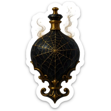 dangerous luxurious crystal elixir bottle, black color, with spider web texture on surface, lots of glowing edges and ornaments, golden details, magical effects, very small golden neck, transparent background, beautiful connected base, clearly hanging in air, no base or shadow, premium class impression, dark and mysterious design, fitting a collection of crystal, luxurious, magical bottles sticker