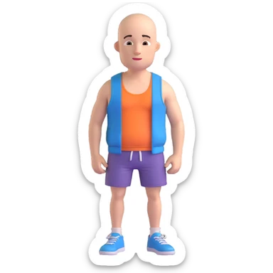 Create a bald 3D character wearing only shorts and a tank top, no shoes or accessories, maintaining the same style and pose as the reference image. sticker
