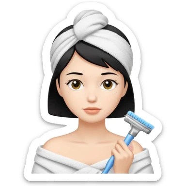 a white woman who has black short hair cleaning her face sticker