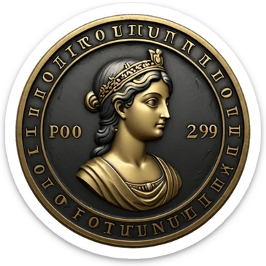 Emoji style, ancient coin made of blackened metal, “FORTUNA” engraved in refined fashion typography, heavy form, subtle worn metal texture, avant-garde editorial aesthetic, no glow, no neon, flat emoji design, centered, transparent background sticker