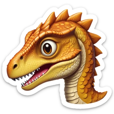 Cinematic Realistic Cute velociraptor/T-rex Portrait Emoji, Head tilted playfully and inquisitively, featuring a compact, slightly rounded build with intricately detailed, textured scales in natural hues and a surprisingly endearing face with bright, curious eyes, rendered with lifelike clarity and warm natural light, high shine, affectionate and quirky, styled with a touch of prehistoric whimsy, soft glowing outline, capturing the essence of a mischievous yet lovable velociraptor/T-rex that seems poised to stomp playfully into your arms! sticker