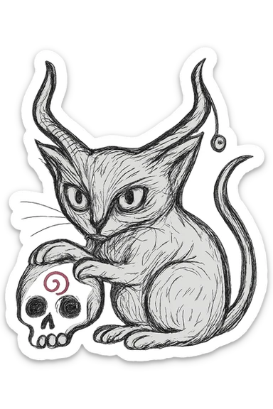 Make the skull larger and place it in front of the cat, keep the realistic hand drawn style with dynamic outlines and no fill. Preserve the charm on the horn, the cat's green eyes, and the red spiral on the skull. Maintain transparent background. sticker