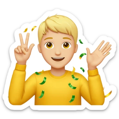 celebration scene for 'Lamine YAML 304' in yellow Apple emoji hand style, festive elements like confetti, streamers, joyful hand gesture, bright yellow color palette sticker
