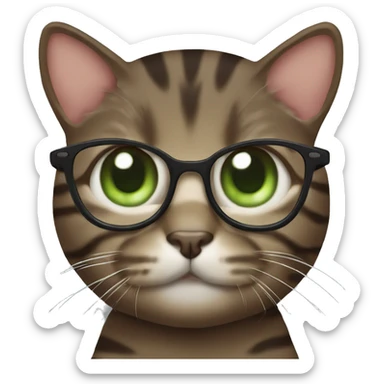 green eyes Dark-Brown Tabby cat with eyeglasses on sticker