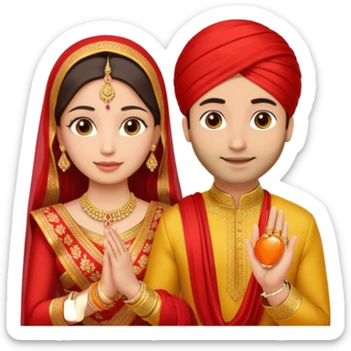 Two hands in a engagement..One hand of groom and one hand of bride. Bride hand - red/yellow saree. groom- light orange punjabi (oonly hands will be visible in the image). Groom's hand is holding a ring.*only the image of hand should be visible* sticker