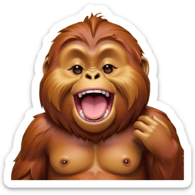 Cinematic Cute Yawning Orangutan Portrait Emoji, Head tilted slightly with a dramatic, wide-open yawn, showcasing a richly textured face with half-closed, sleepy eyes and a relaxed, open expression, Simplified yet irresistibly adorable features, highly detailed, glowing with a soft, cozy jungle glow, high shine, relaxed yet expressive, stylized with a dash of whimsical charm, soft glowing outline, capturing the essence of a drowsy yet affectionate guardian that appears ready to stretch out for a nap! sticker