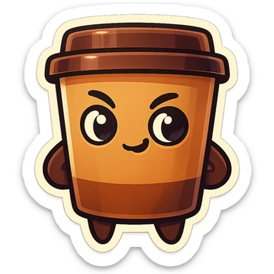 Tall coffee cup, mischievous eyes, pondering sticker