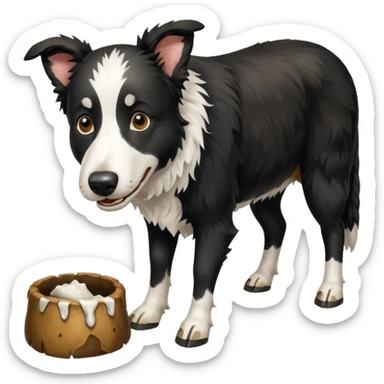 A black and white border collie is chewing on a cow's hoof. sticker