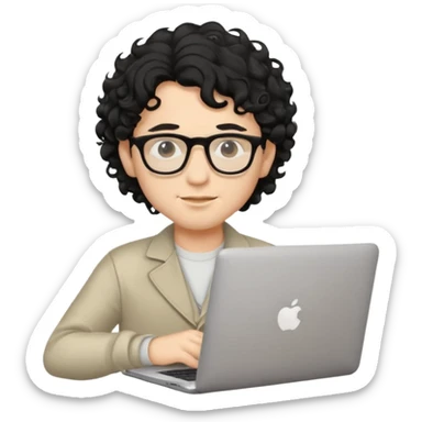 guy with wavy kinda curly black hair and light-to-medium skin tone like cream and glasses, with a macbook sticker