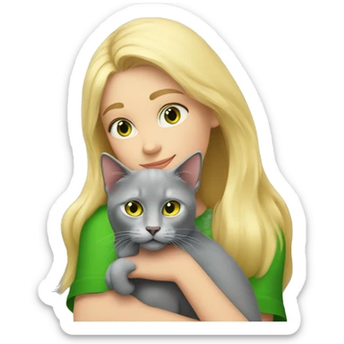 blonde girl hugs a gray cat with green-yellow eyes blonde girl hugs a gray cat with green-yellow eyes sticker