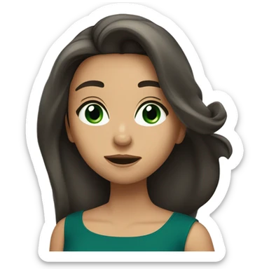 a brunette with long hair and green eyes and in a dark blue dress sends an air kiss sticker