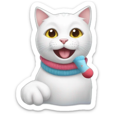 A white cat holding a sock in his mouth sticker