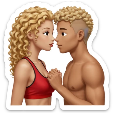 athletic man, high top fade, blonde curly hair only top only, no shirt and Athletic girl with long light RED wavy long hair and black sports, Put them together kissing, or holding hands give the girl red hair  sticker