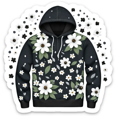 The BLACK Denim Tears Hoodie features a black base with distinctive white and black  open flower spots with empty space in the middle, These hollow ring-like patterns are scattered across. BLACK AND WHITE FLOWERS SPACED OUT FLOWERS, AND ONLY A FEW FLOWERS AND NO DOTS sticker