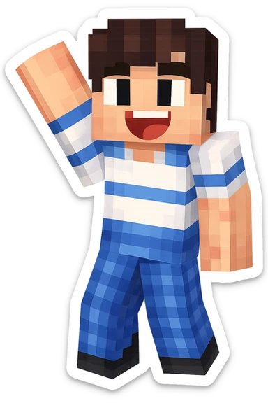 Extract only the second character from the left with brown hair and blue pants, keep the original Minecraft cartoon style and appearance, place on a transparent background. sticker