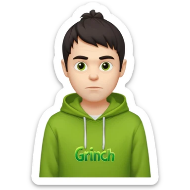 Create an avatar of white Europeanwith dark hair  male in hoodie with ``BST`` letters on it. Make background to look like from movie Grinch sticker