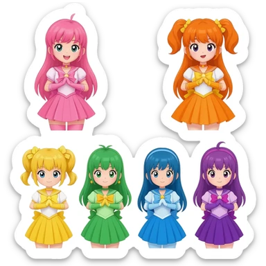 Pink tokusatsu heroine magical girl, Orange tokusatsu heroine magical girl, yellow tokusatsu heroine magical girl, green tokusatsu heroine magical girl, blue tokusatsu heroine magical girl, and purple tokusatsu heroine magical girl, (emoji style) sticker