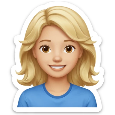 Happy blond girl with light weavy hair with a blue shirt but we can see only her face and neck and the top of the t shirt, no whole body sticker