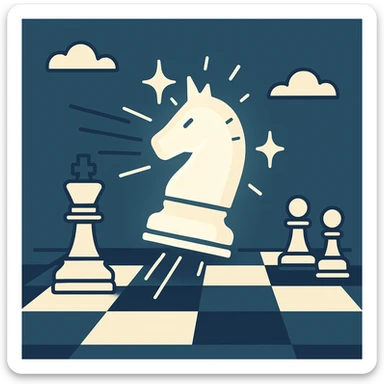 Create an image of a brilliant chess move in a bold, flat, simple style with a teal background and white elements. Show a glowing chess piece making a dramatic move, with sparkles and dynamic motion lines, matching the style of the provided exclamation mark icon. sticker