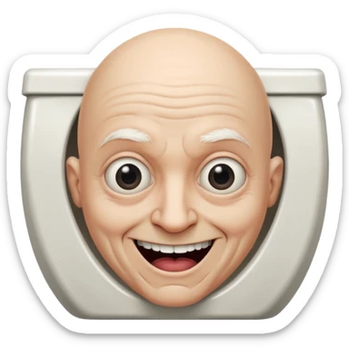 A bald person who’s very old is staring, he’s inside a toilet and his head is upright and looking at the camera with very wide eyes and a massive smile, in a very creepy way. sticker