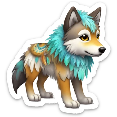 Fluffy Shy Colorful Chibi Spiritual Shamanic Wolf With Shiny Tribal Markings wearing feathers Full Body sticker