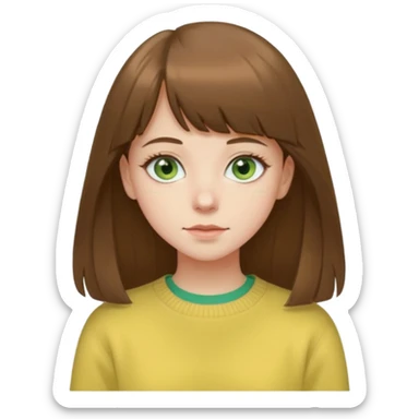 please create an emoji of a semi pale girl with long brown hair with a thin bang, green eyes, wearing a pastel yellow sweater sticker
