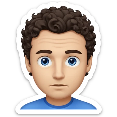 A man emoji with light skin, wavy dark brown hair styled with a curl falling on his forehead, thick dark eyebrows, striking blue eyes, a straight nose, and a clean-shaven face with a neutral expression. sticker