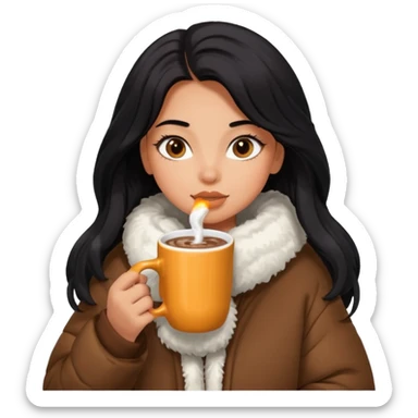 anned Girl with lashes , bright black long hair, in an extremely big fluffy oversized jacket, and drinking hot chocolate drink sticker