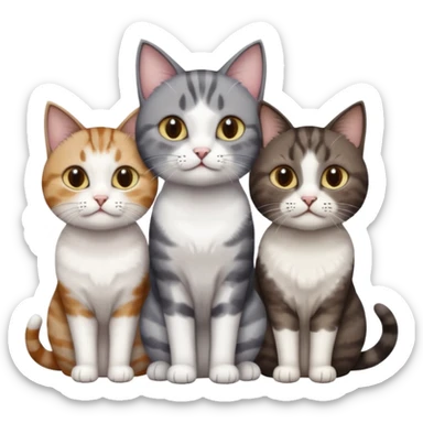3 different coloured short haired cats including; a dark brown tabby and white cat, and a dark grey and white  sticker