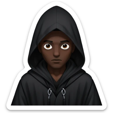 Black man in black pointed hooded robe, dark shadow over face, intense eyes, mysterious aura.” sticker