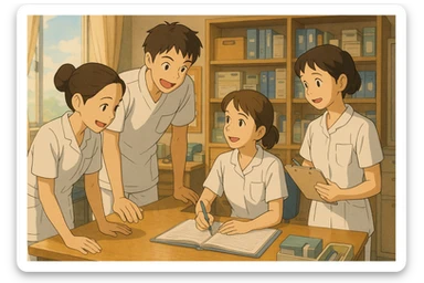 Four nursing students inspired by reference photos, collaborating and interacting warmly in a care station, Ghibli style. White short-sleeve uniforms, medical tunics with V-neck, left chest pocket, no collar stand, no stethoscopes, no fabric under sleeves. Dynamic scene, soft lighting, care station decor. sticker