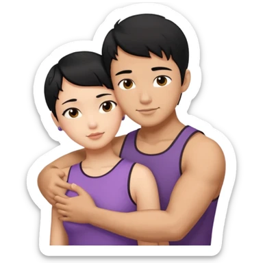 buff Asian Man black hair hugging girl with black pixie cut  sticker