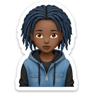 make a black girl with short pitch black locs wearing a denim hoodie with black sleeves sticker