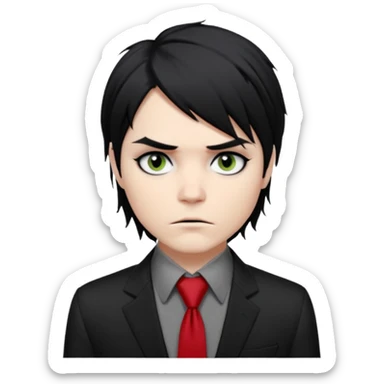 Gerard Way (Revenge Era)
Round, simplified emoji style
Pale skin tone
Jet-black, shoulder-length hair messy and emo
Heavy eyeliner and slight red shadow under the eyes
Subtle serious
Hint of red tie visible on black button up shirt.
Transparent background. Black eyeliner. Messy emo hair sticker
