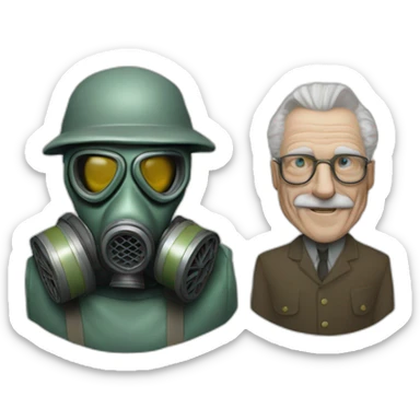 clean shaven old man, m40 gas mask, duo sticker