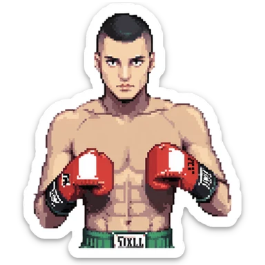 white man with dark hair, dark eyes, buzzcut faded haircut, wearing boxing gloves sticker