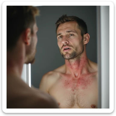 realistic man with red, irritated rash on neck, looking at it in mirror with concern, soft lighting, neutral background, medical realism, dermatology focus, 4K sticker