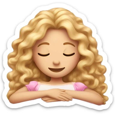 gorgeous white woman with long blonde curly hair sleeping on pink princess bed sticker
