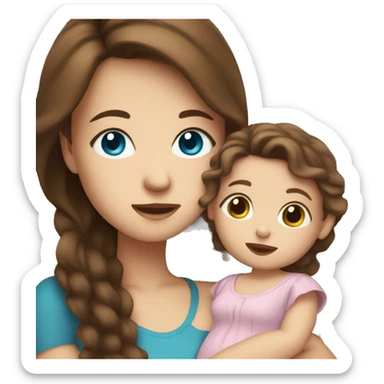Girl with brown hair and blue eyes holding a baby girl sticker