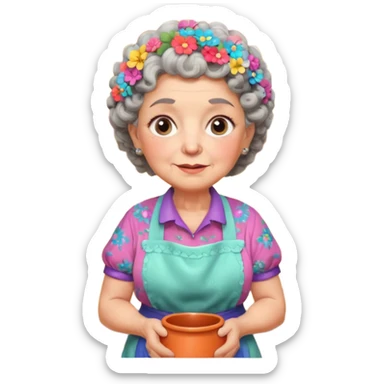 cartoon Apple iOS emoji style rural elderly woman, chubby face, short gray curly hair, flowery blouse, colorful apron, big expressive eyes, pastel colors, Chilean wooden kitchen background, clay pots, warm light, detailed and clean vector art sticker