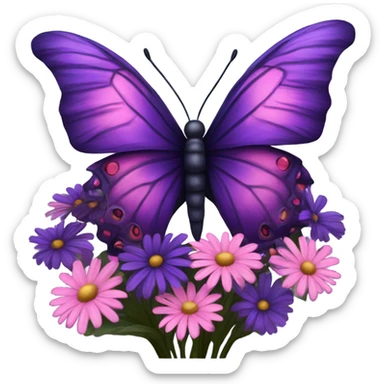Aesthetic butterfly with purple and pink wings sitting on a dark purple bouquet of Daisies in a pastel pink vase sticker