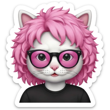 White cat wearing pink curly wig, black sunglasses, black T-shirt sticker