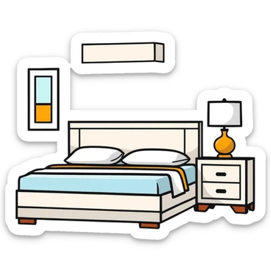 clean bedroom with white walls, bed, nightstand and dresser sticker