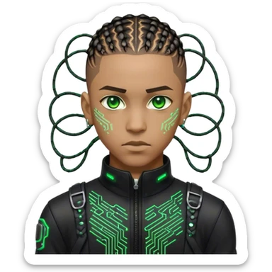 Light skinned African American male with green eyes as a cyberpunk hacker with cornrows hairstyle but short cornrows  sticker