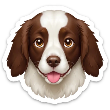 Cinematic Cute Springer Spaniel Portrait Emoji, Head tilted playfully and inquisitively, featuring a vibrant Fur of liver and white with a natural sheen, round, sparkling brown eyes filled with curiosity, Simplified yet irresistibly adorable features, highly detailed, glowing with a warm, friendly glow, high shine, affectionate and lively, stylized with a touch of whimsy, bright and endearing, soft glowing outline, capturing the essence of a mischievous yet loving pup, so playful it feels like it could frolic out of the screen and into your arms! sticker