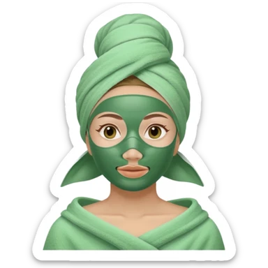 Woman with a towel on her head in the spa with a green mask sticker