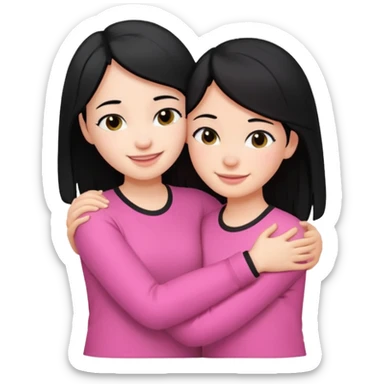 Two girls with black hair, one wearing white shirt and the other is pink shirt, hugging each other sticker