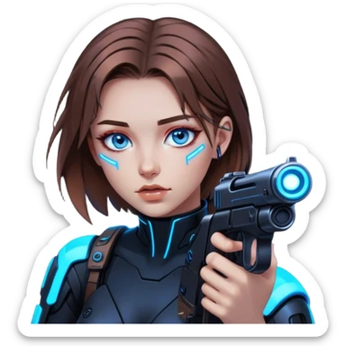 Neon cyberpunk style 
girl with brown hair and blue eyes 
shoots sticker